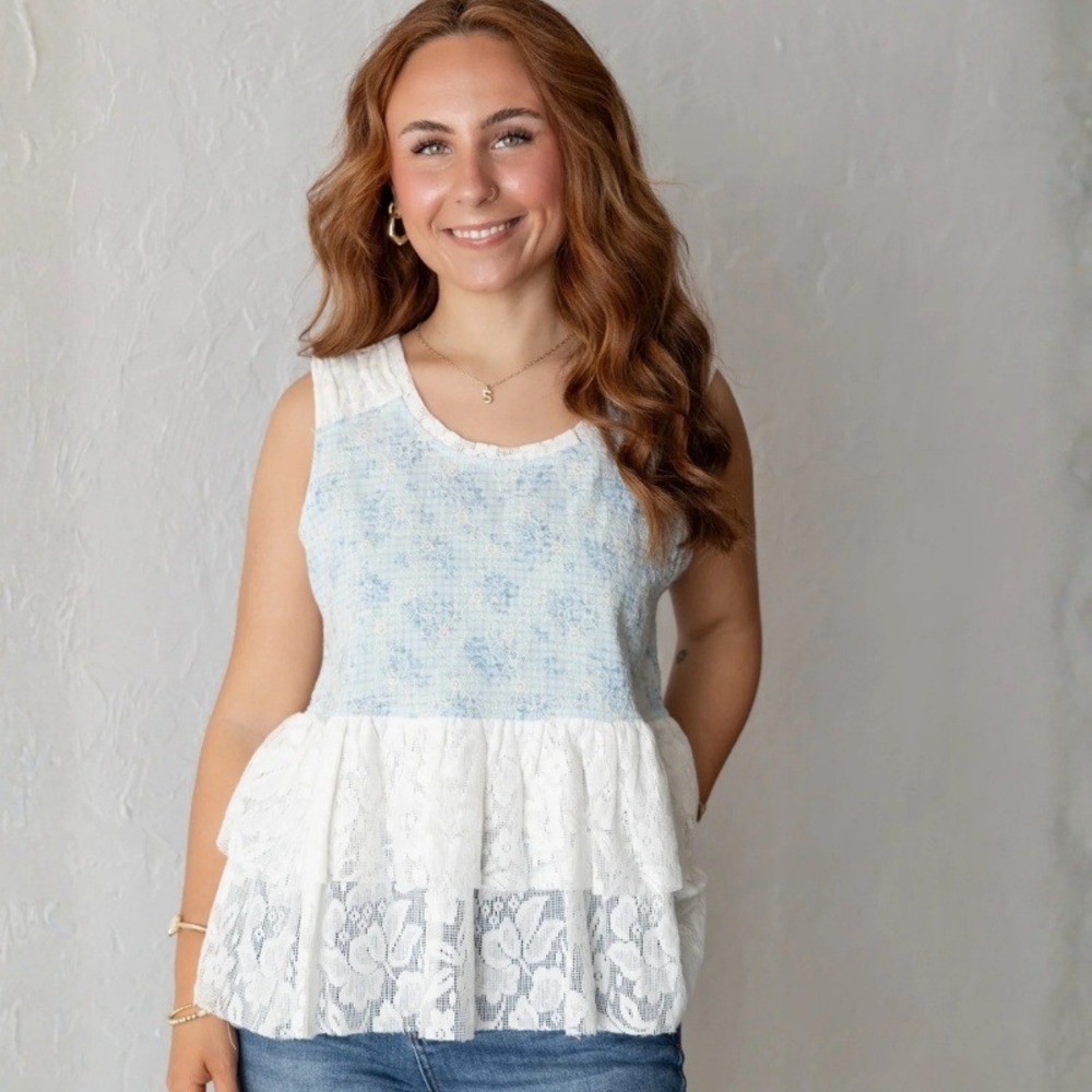 POL Blue Floral Gingham Lace Peplum Sleeveless Top Style UWT445 Small NEW